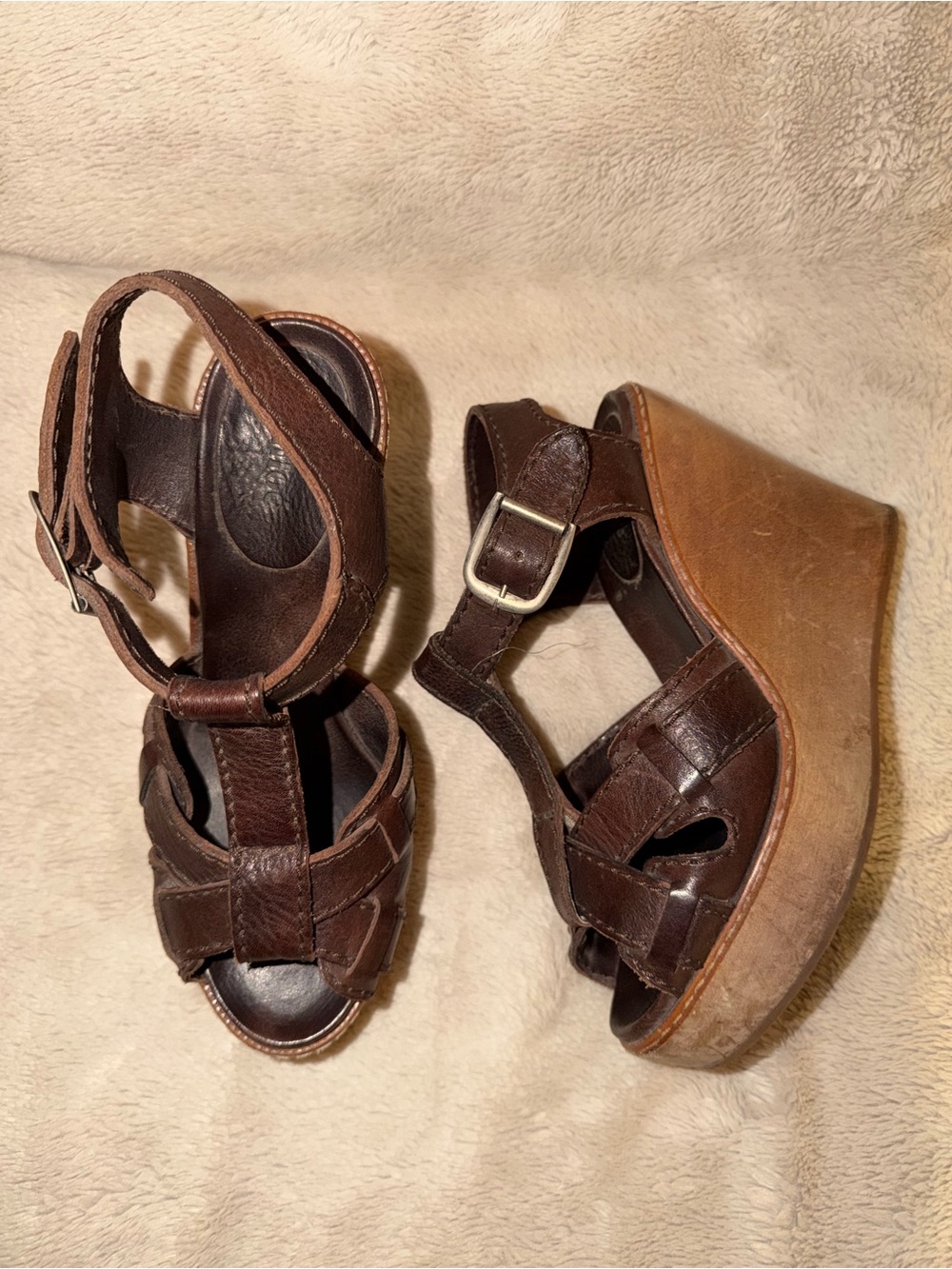Chloe Dark Brown Leather Wedge Sandals with Buckle 38/8